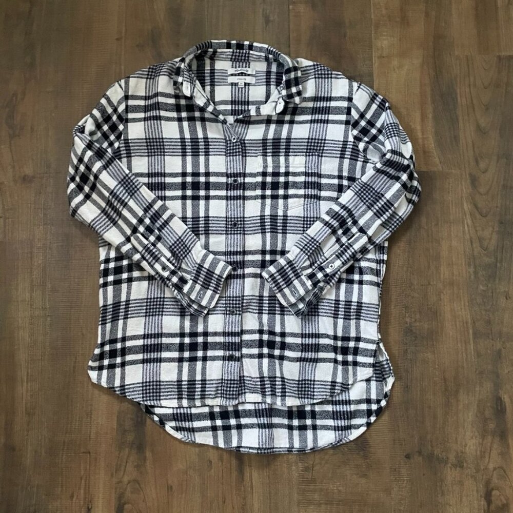 Madewell Oversized Ex-Boyfriend Plaid Flannel Shirt XS Black White Long Sleeve B